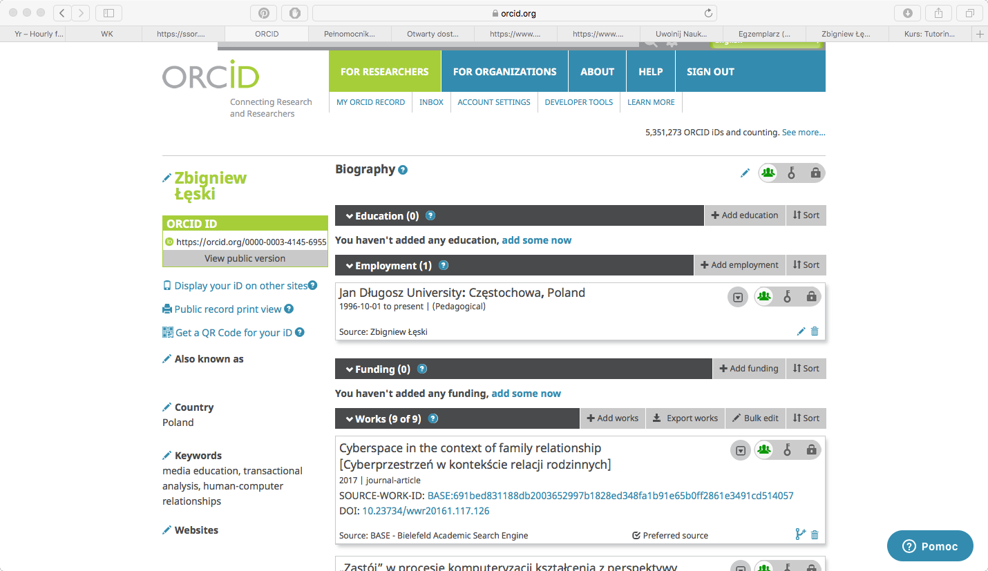 Obraz prezentujący wygląd profilu ORCID po zalogowaniu